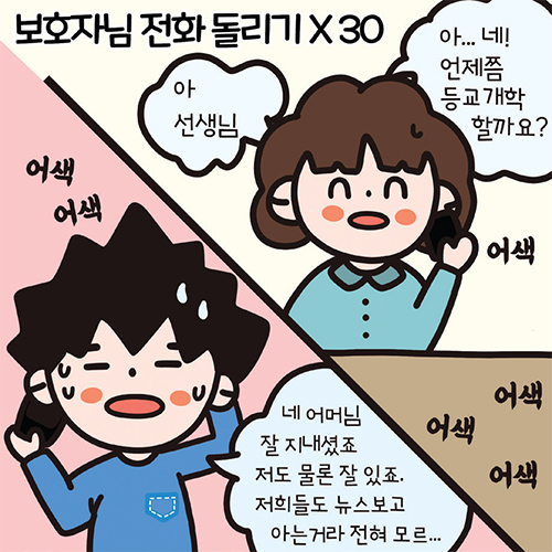 보호자님 전화 돌리기X30 아 선생님 아..네! 언제쯤 등교개학 할까요? 어색어색 네 어머님 잘 진셨죠 저도 물론 잘 있죠. 저희들도 뉴스보고 아는거라 전혀 모르...