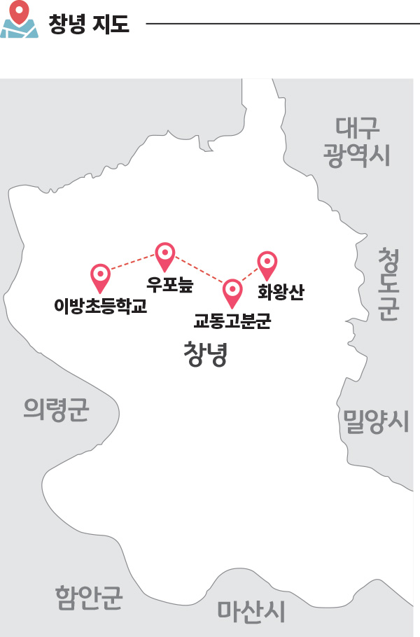 창녕 지도 의령군 함안군 마산시 밀양시 청도군 대구광역시 이방초등학교-우포늪-교동고분군-화왕산