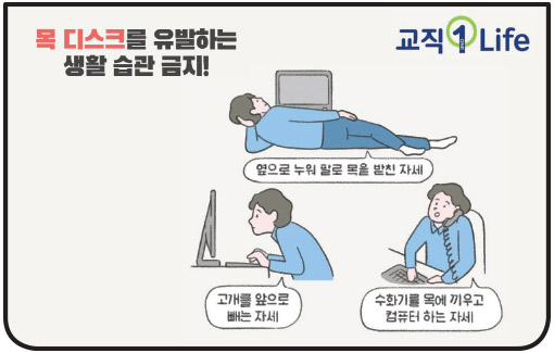 교직1Life 목 디스크를 유발하는 생활 습관 금지! 옆으로 누워 팔로 목을 받친 자세 고개를 앞으로 빼는 자세 수화기를 목에 끼우고 컴퓨터 하는 자세