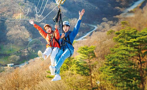 함양대봉산에서 집라인을 체험하는 모습 [사진 출처: 함양대봉산휴양밸리]